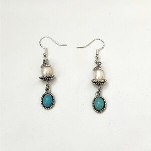 Boho Retro Vintage Style Faux Turquoise Real Pearl Drop Dangle Hook Earring Gift